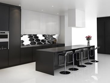 Black and white digtially printed glass splashback